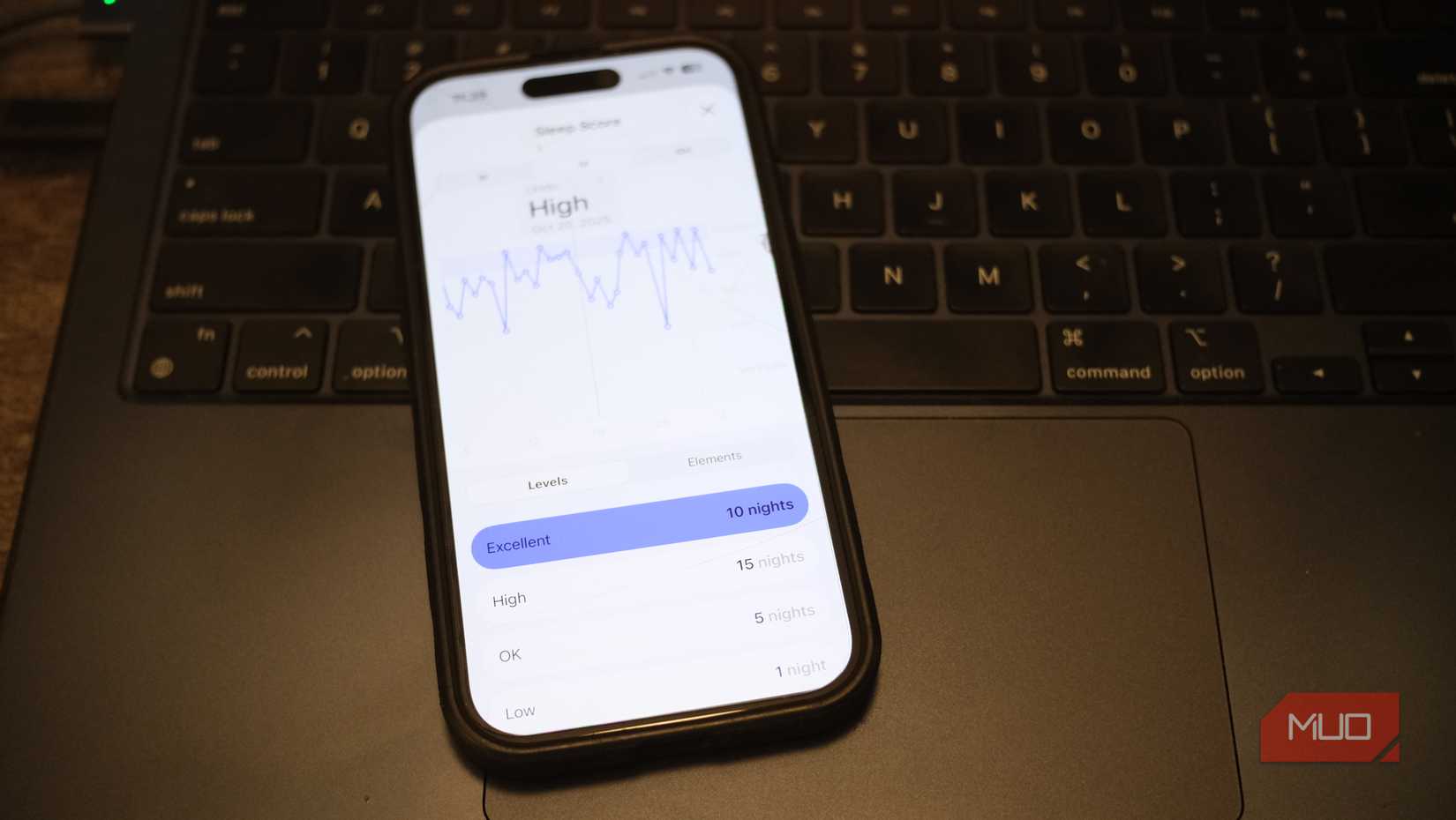 Apple iPhone 16 showing ten nights of "Excellent" sleep according to the software in the iOS 26.1 system on the touchpad of a MacBook. With iOS 26.2, Apple is updating its sleep score classifications.