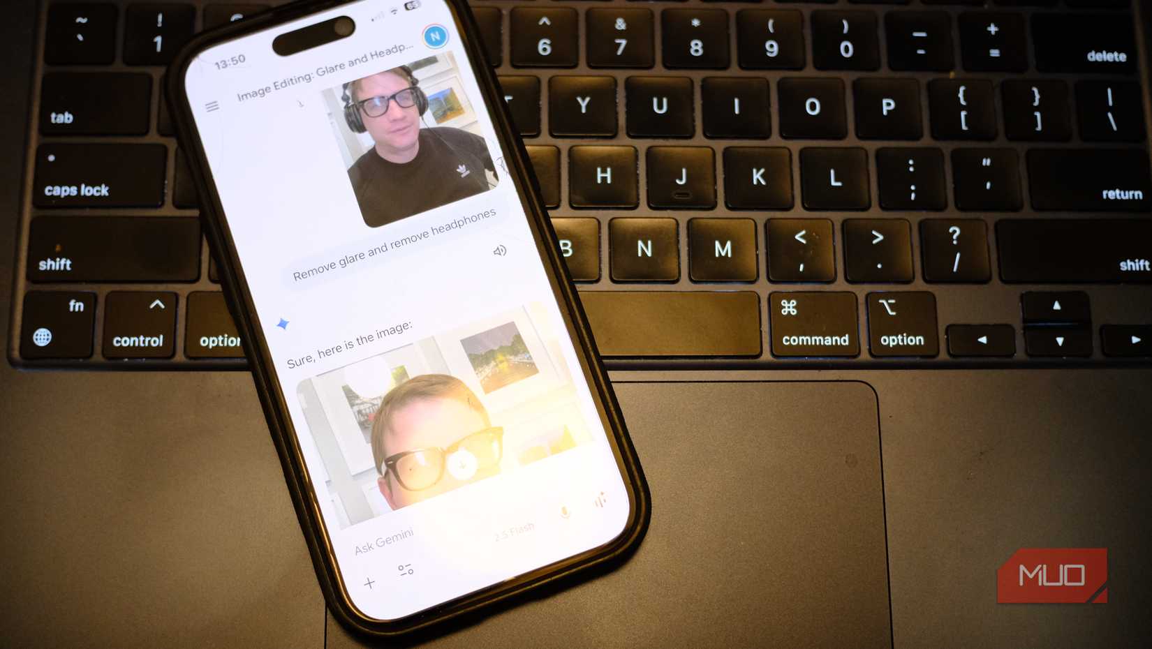 A photo of an iPhone resting on a MacBook touchpad. On the iPhone screen is the AI image generation technology Nano Banana in use with the Google Gemini app.