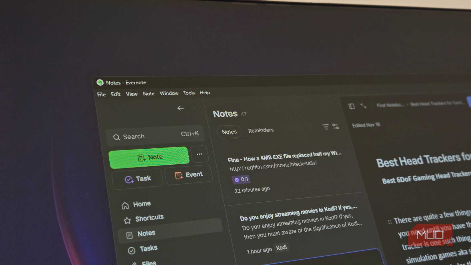 Everenote app open in Windows 11