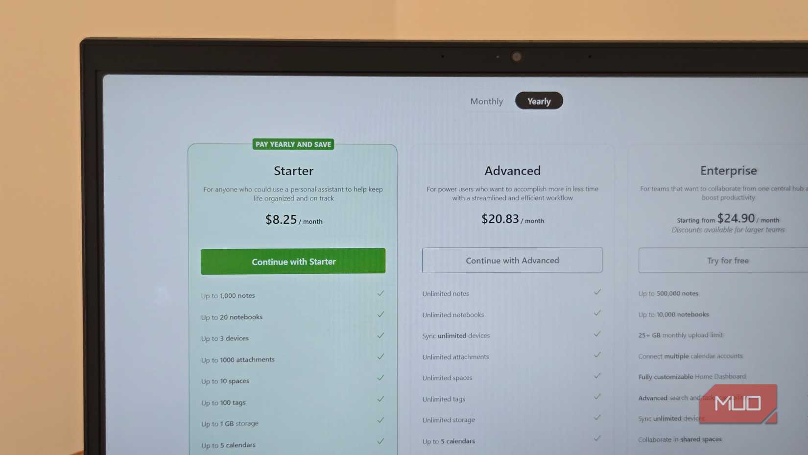Evernote Plan Pricing open on a HP laptop