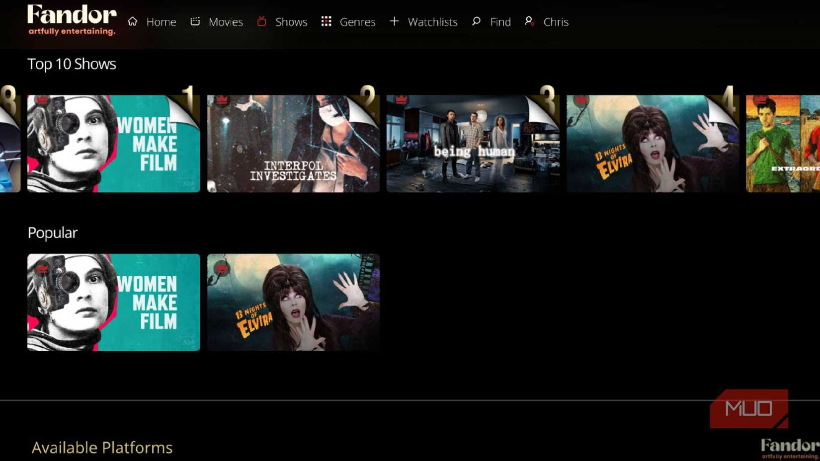 Fandor TV options on the screen