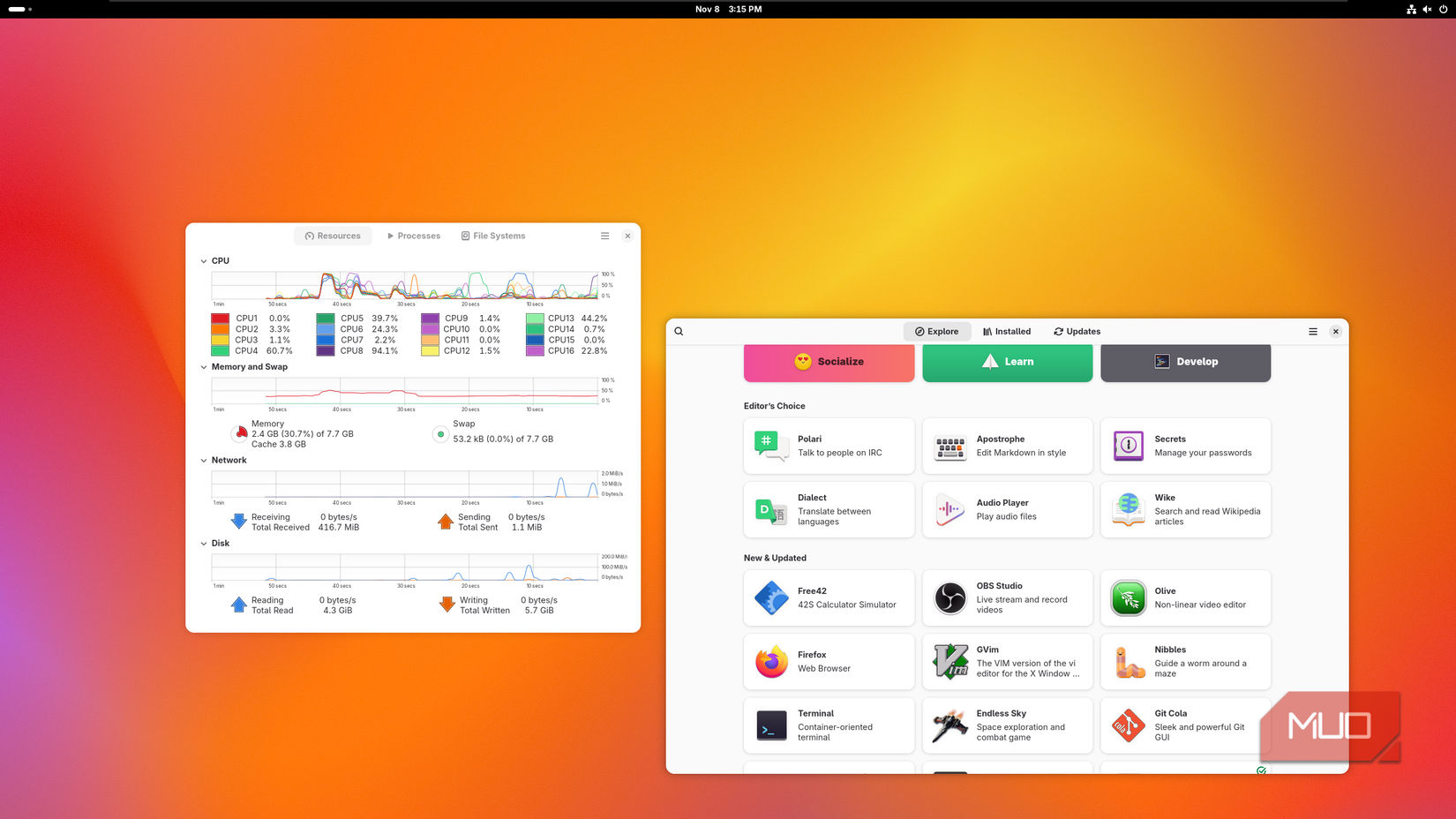 Fedora Silverblue with Activity Monitor and the app store open