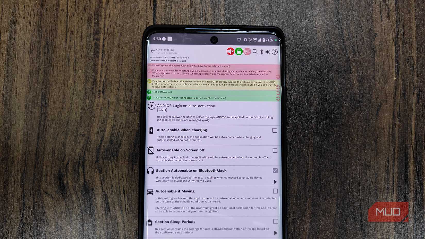 FNR app automation settings.