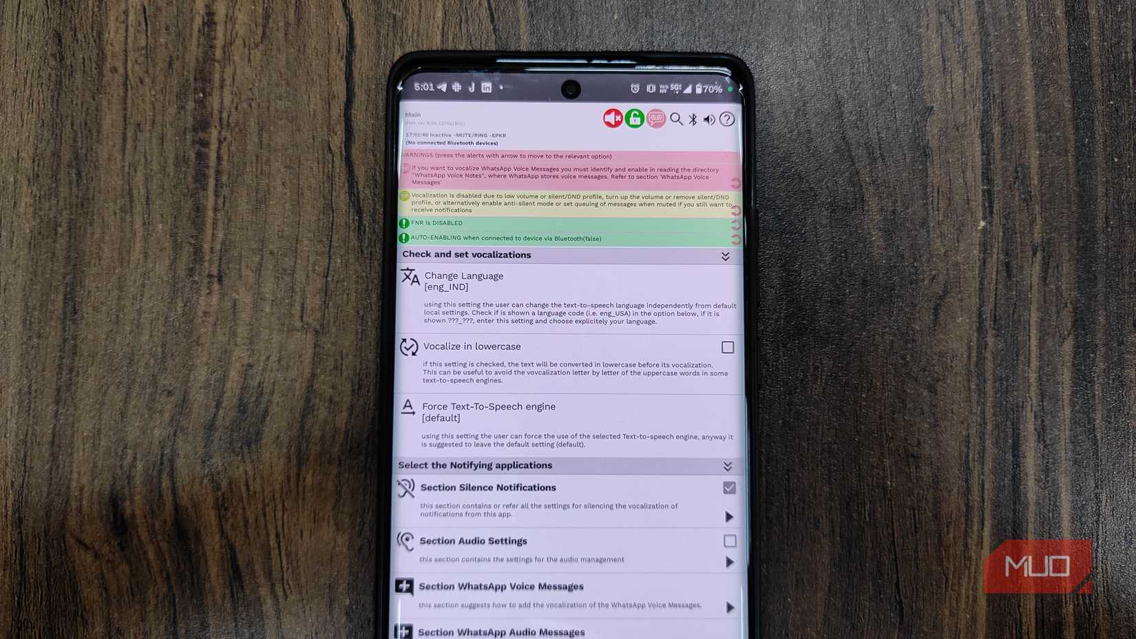 FNR app settings dashboard on Android.