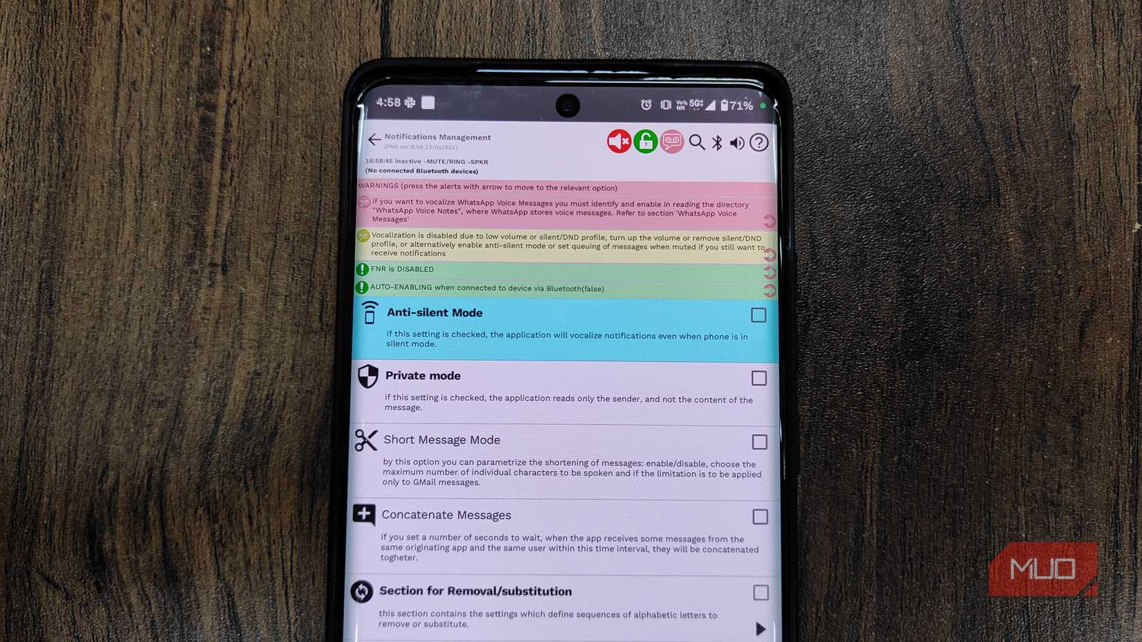 FNR app notification settings.