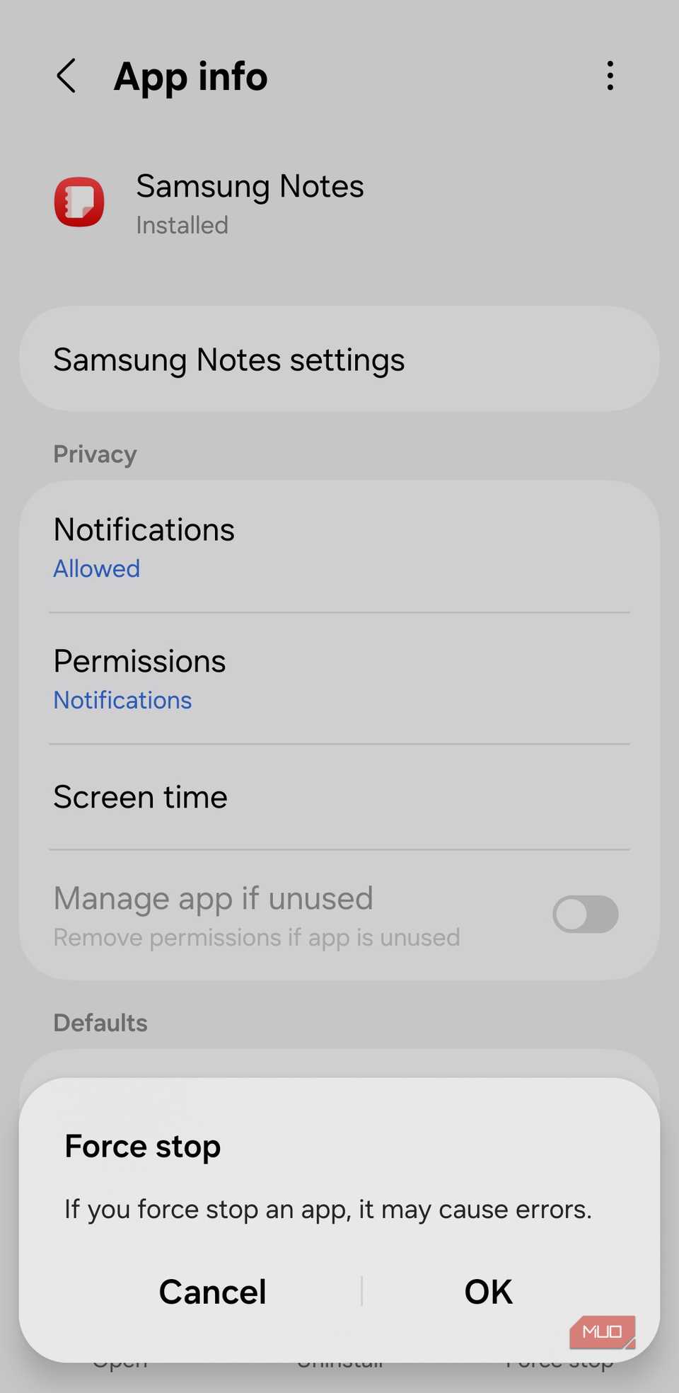 Force stop app prompt on Android