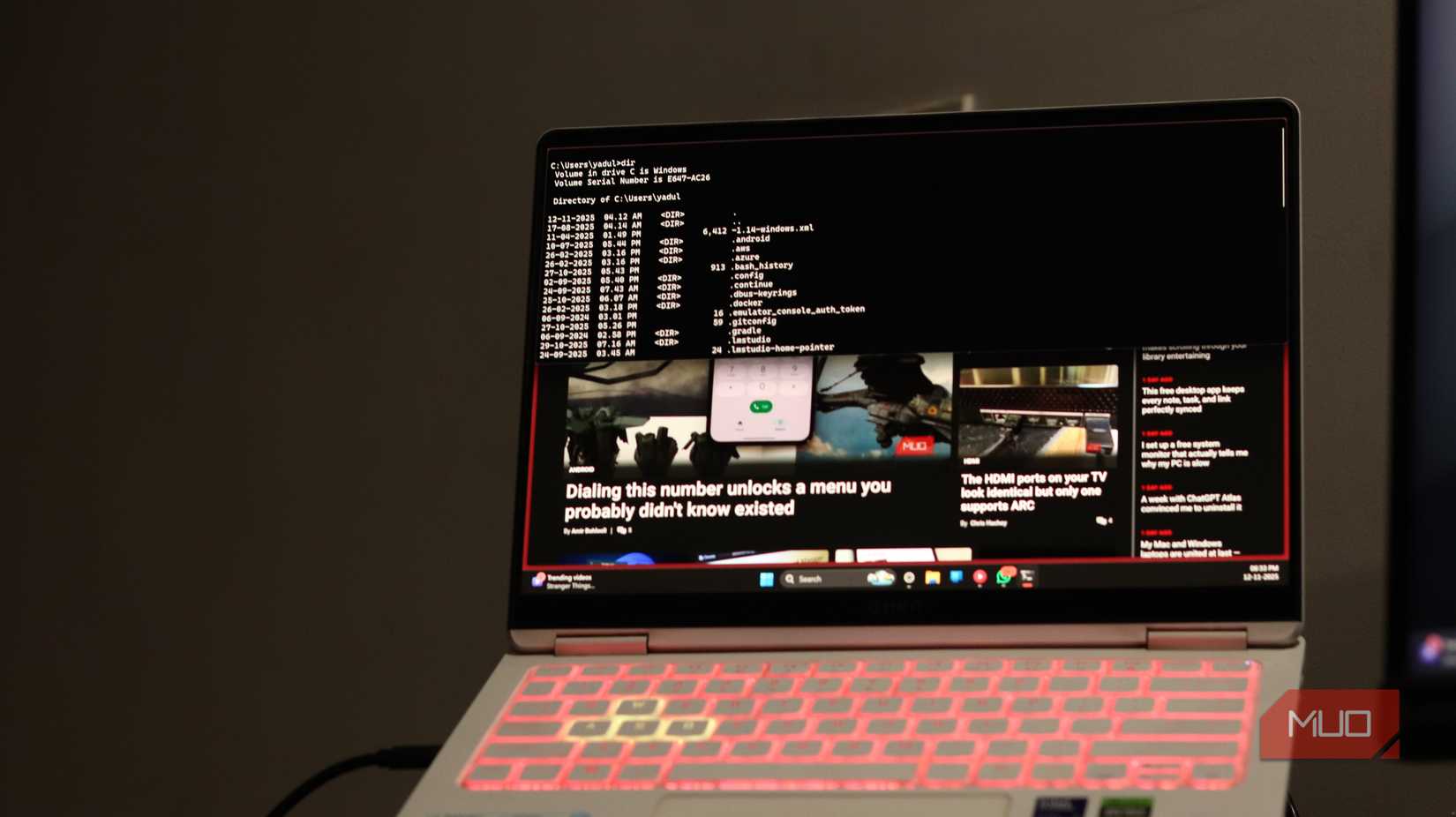 Full screen view of dir command in Quake mode.