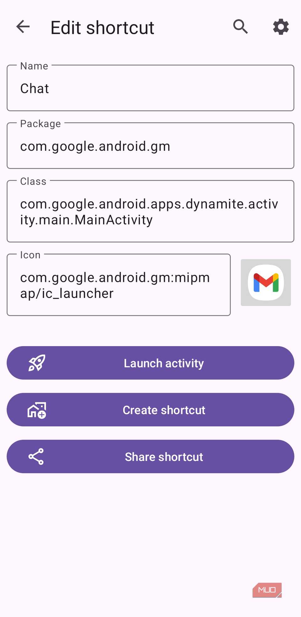 Gmail app shortcut in Activity Launcher