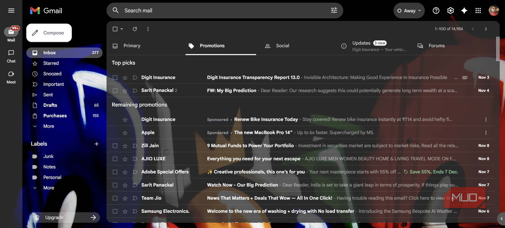 Gmail Promotions tab filled with marketing emails and offers