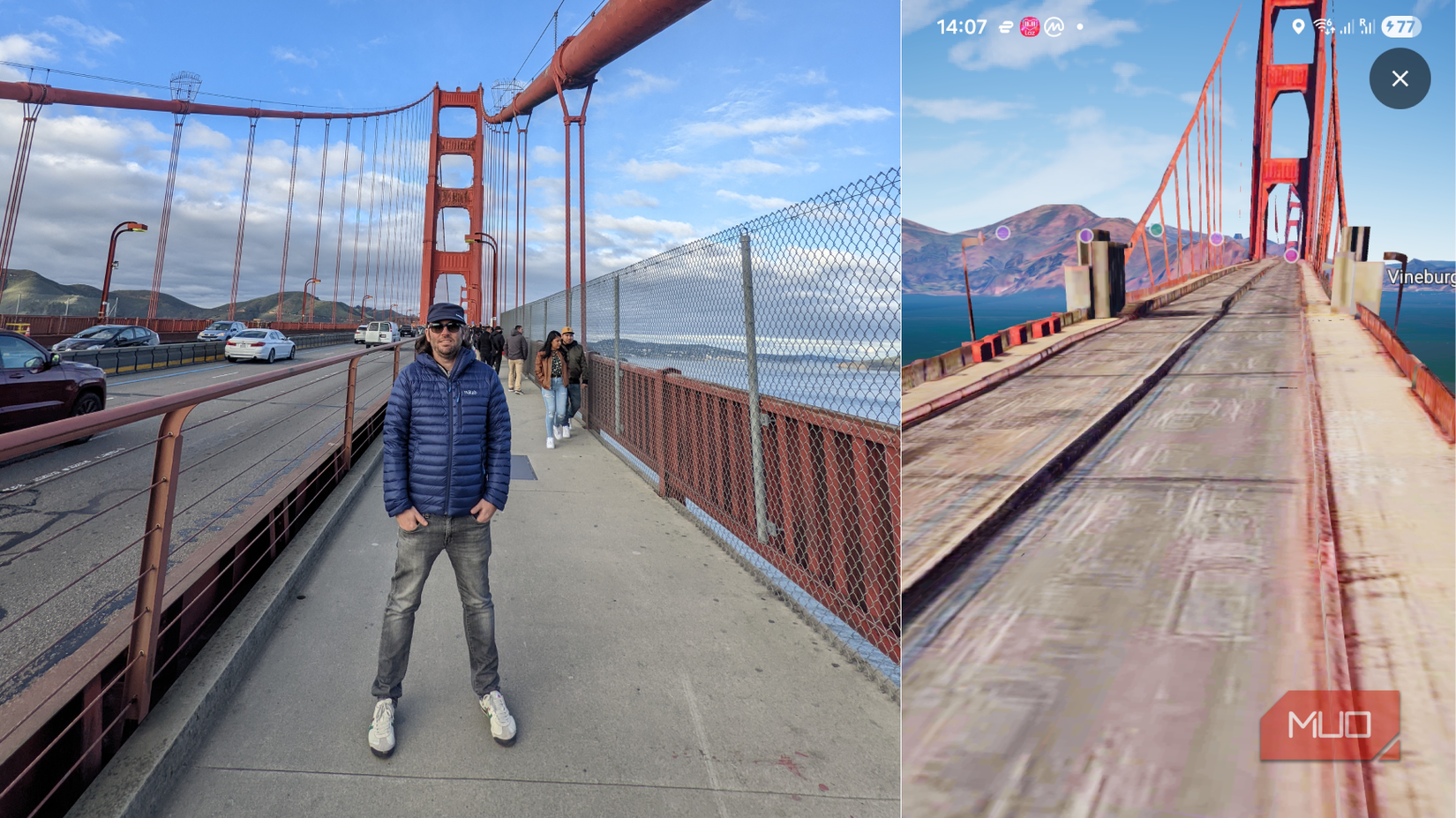 A comparison of a photo of the Golden Gate Bridge and Immersive View.