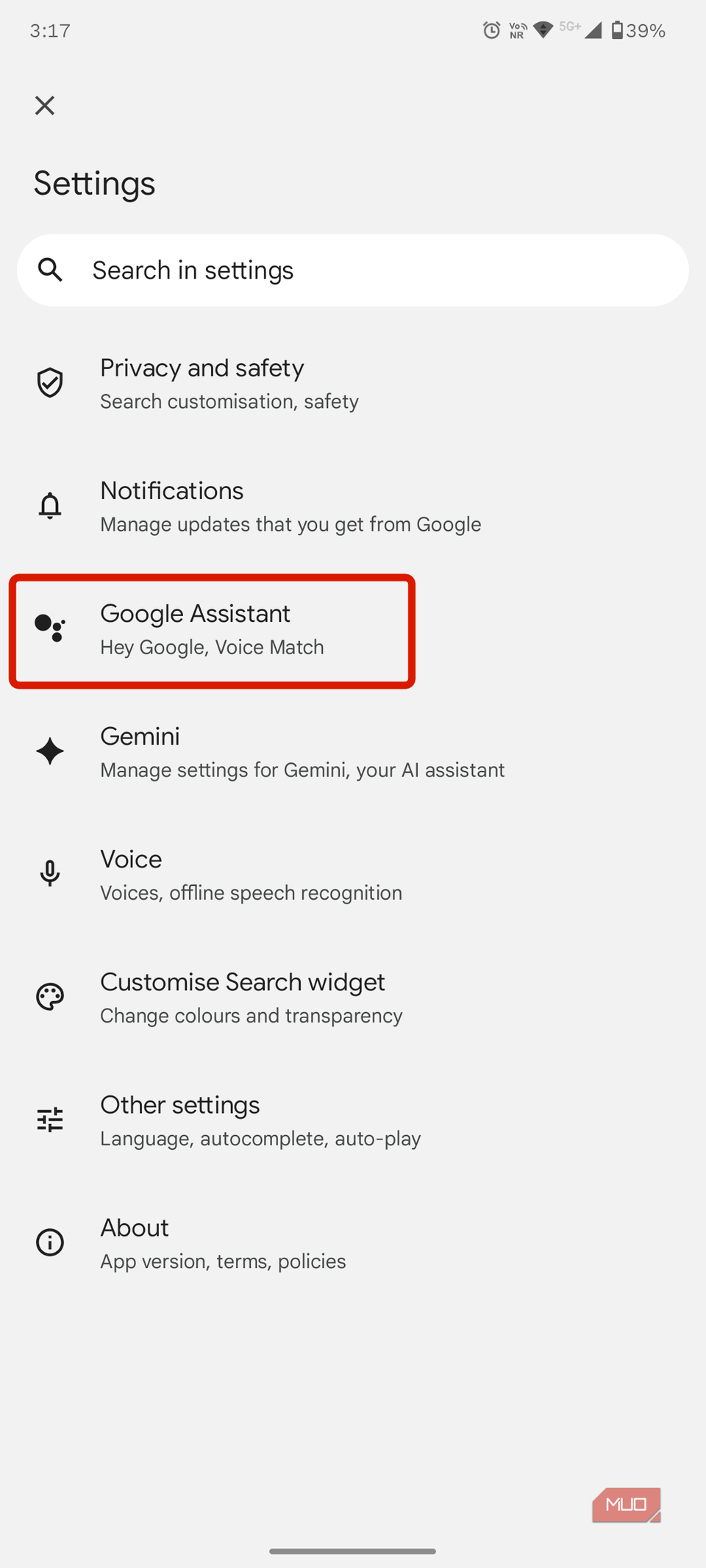 Google Assistant settings within Google settings.