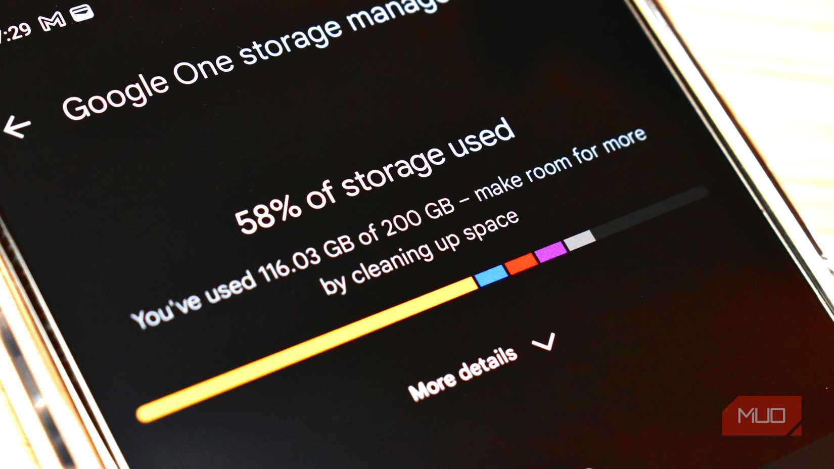 google one storage manager with usage bar on smartphone screen.