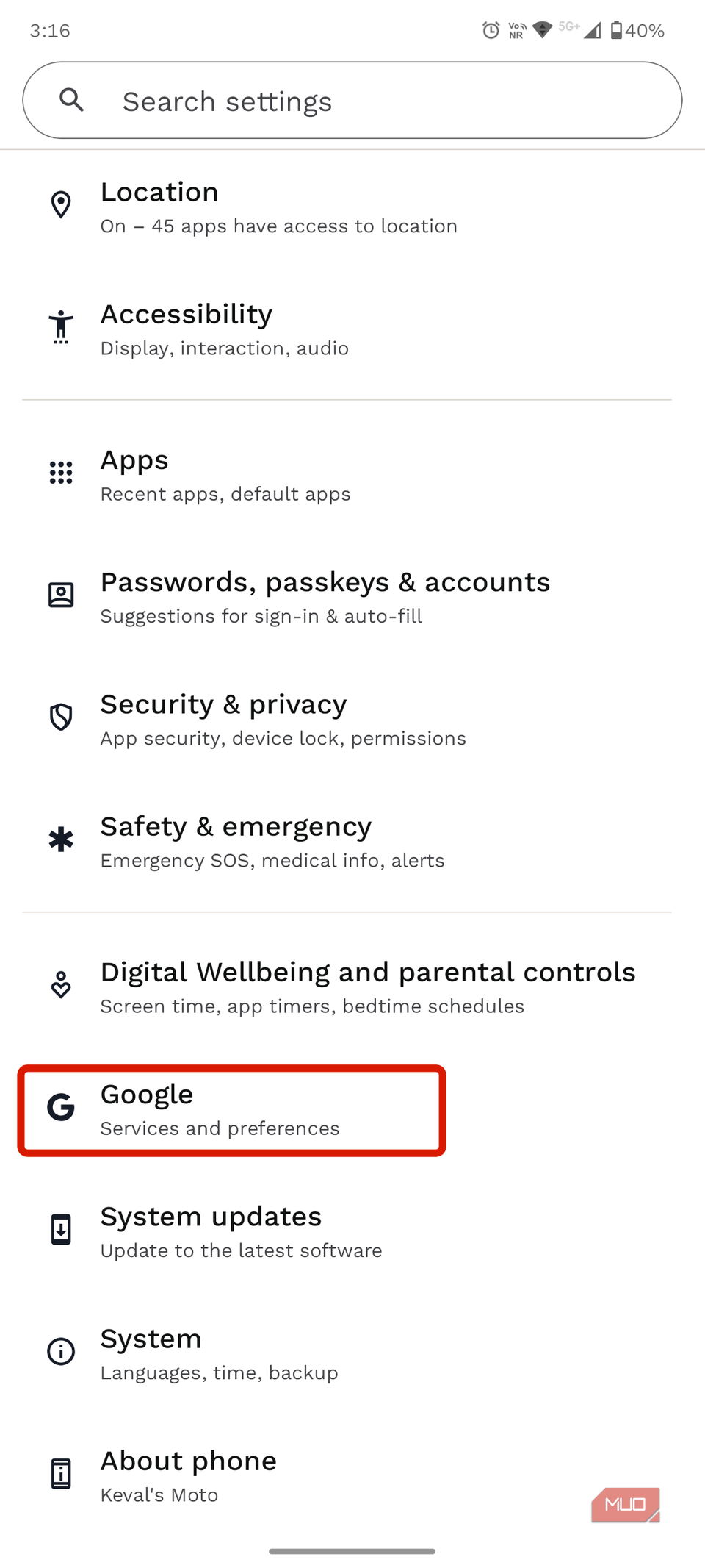 Google settings within Android settings highlighted with red box.