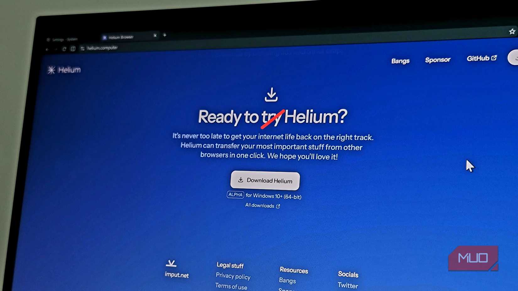 Helium web browser page open on a HP laptop