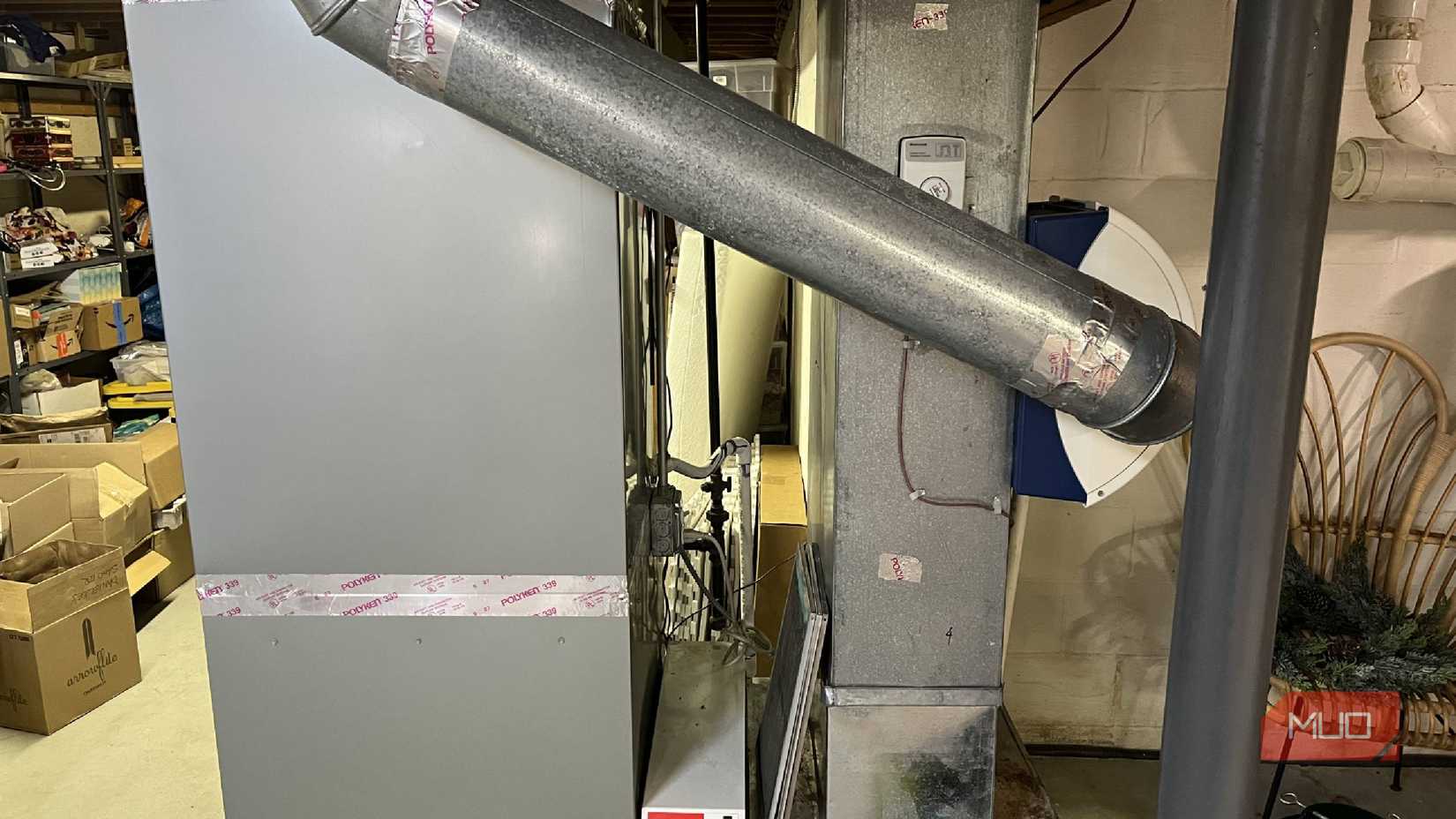 The heater and humidifer in a basement of a house