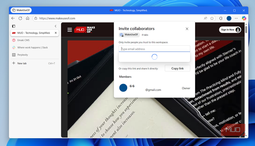 Invite collaborator option in MS Edge