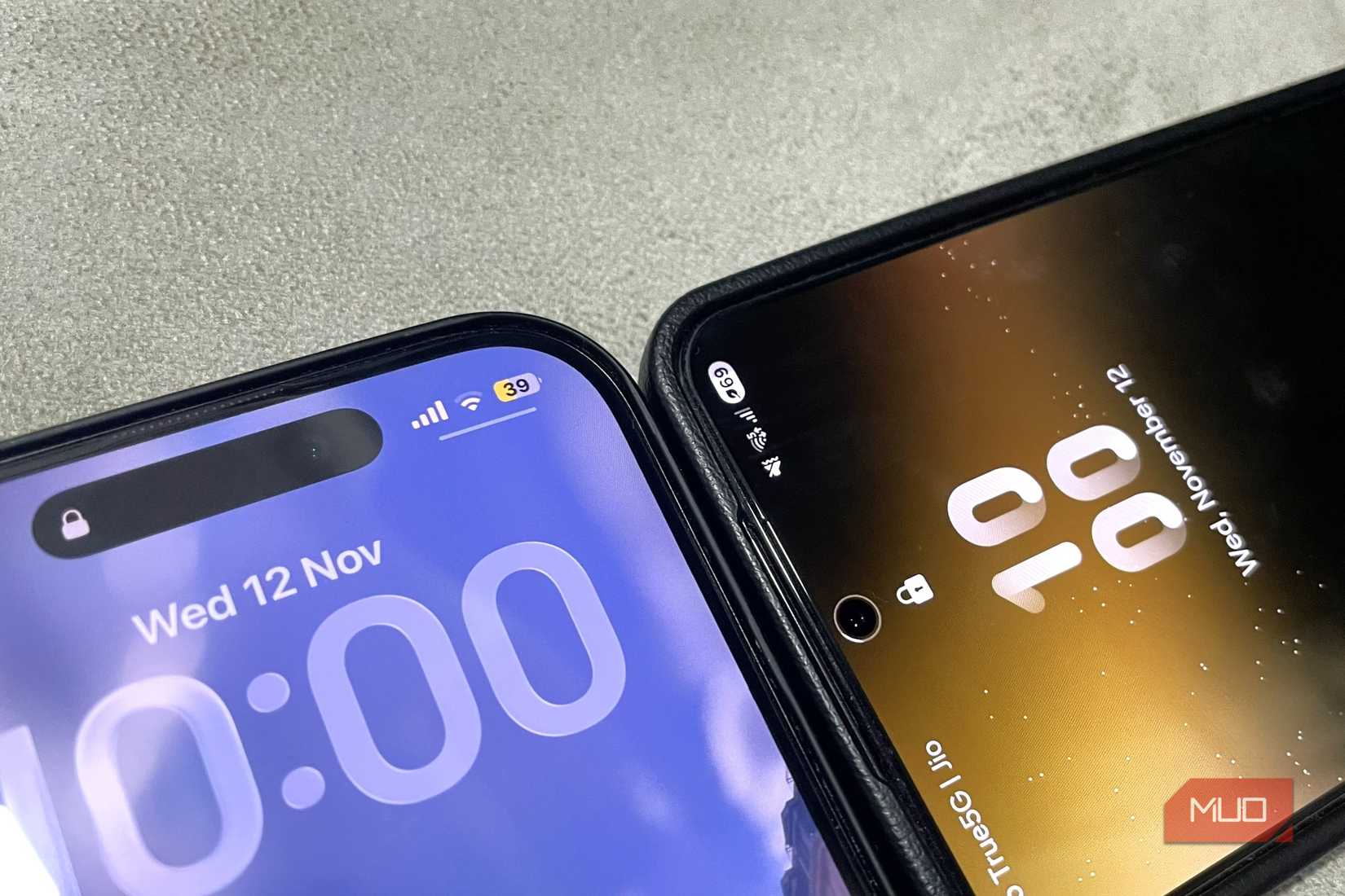 iPhone and Samsung phone lock screen with power saving mode turned on