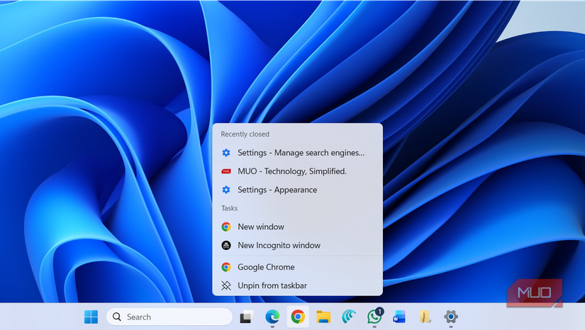 Jump list in Windows taskbar