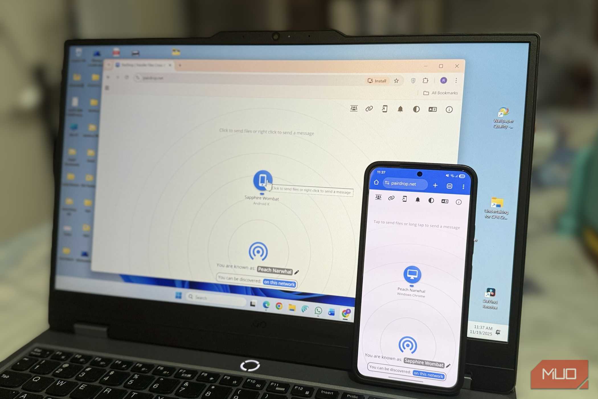 Laptop and Android phone showing pairdrop