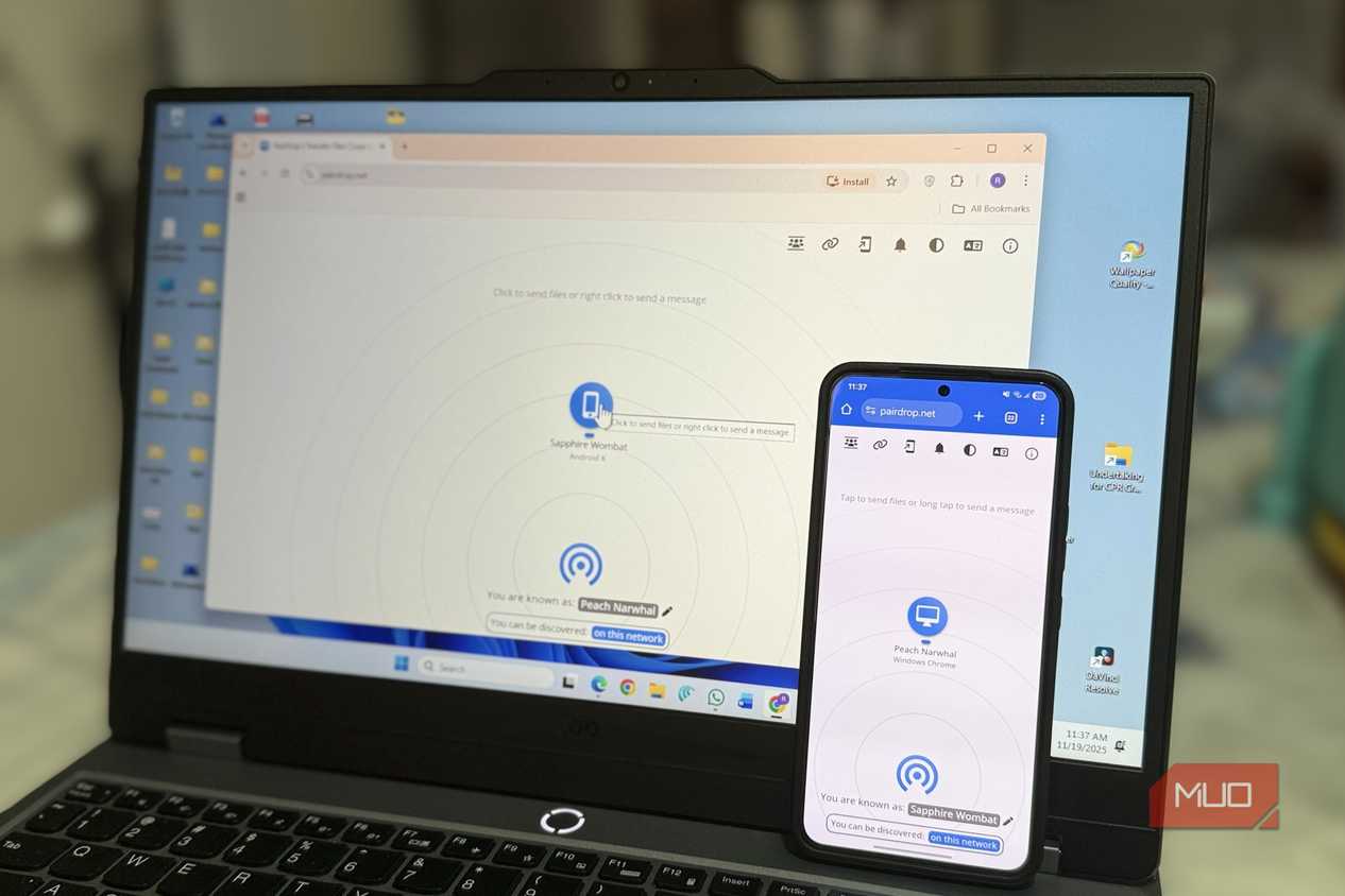 Laptop and Android phone showing pairdrop