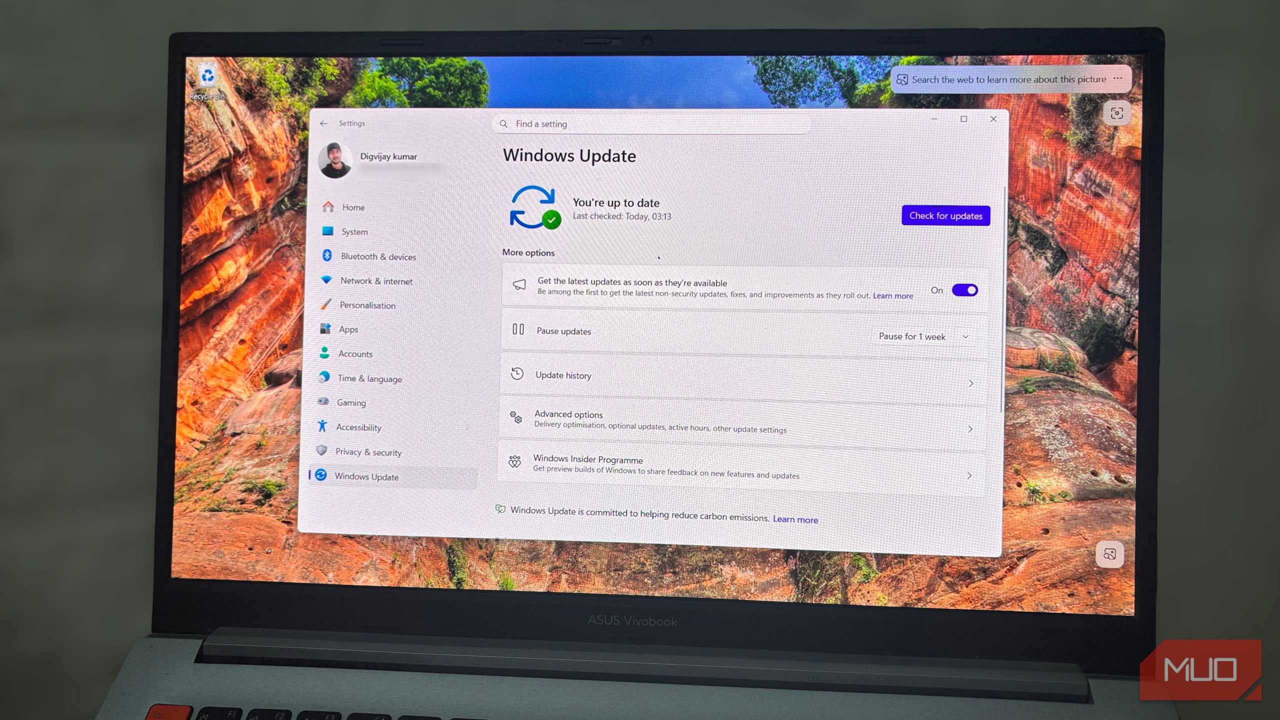 Laptop screen showing the Windows Update settings