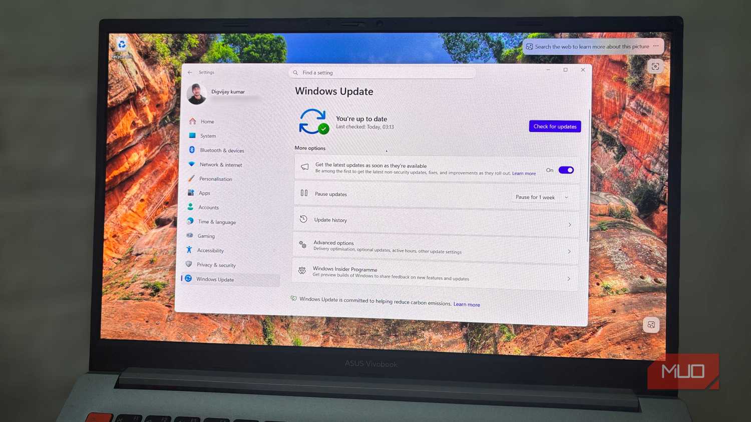Laptop screen showing the Windows Update settings