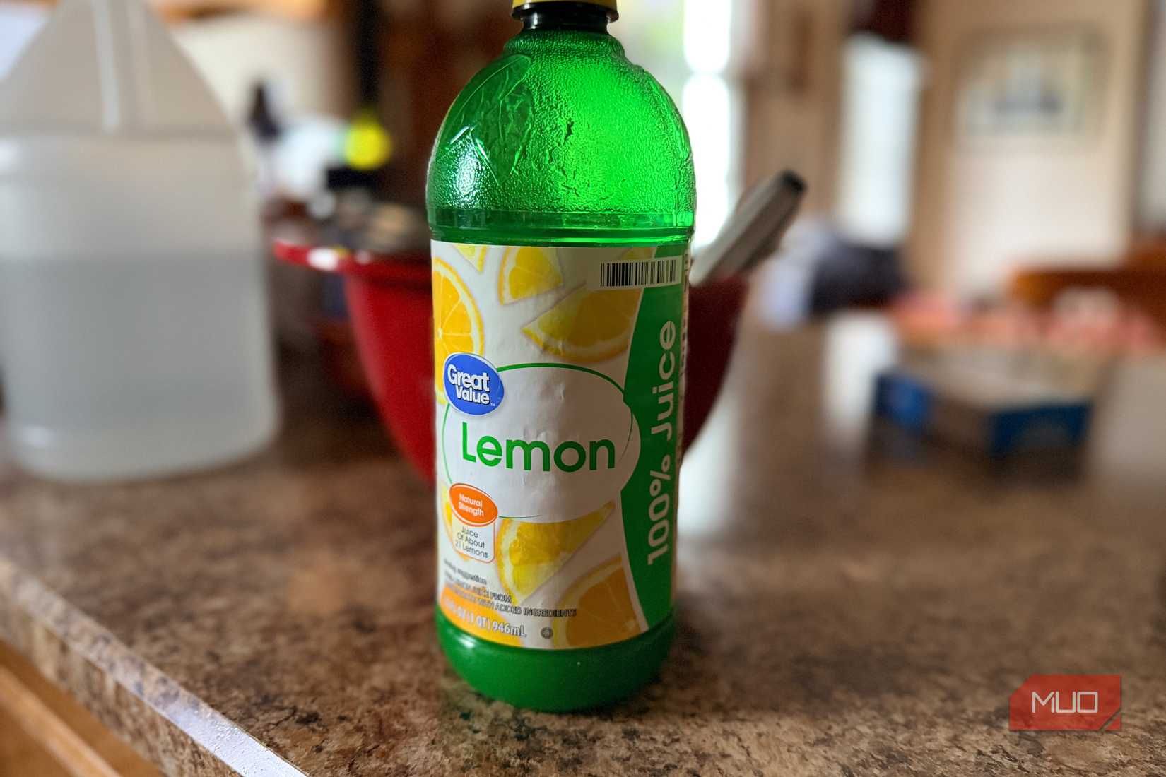 A bottle of lemon juice in a home.