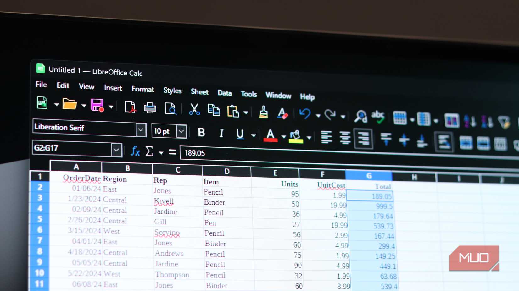 নমুনা ডেটা সহ LibreOffice Calc।