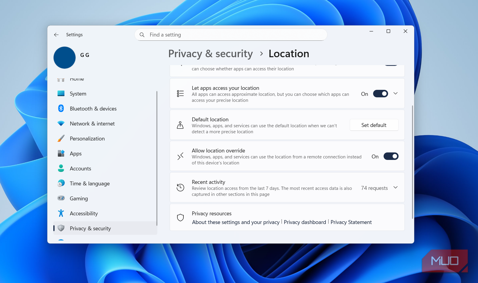 Location access history in Windows 11 settings