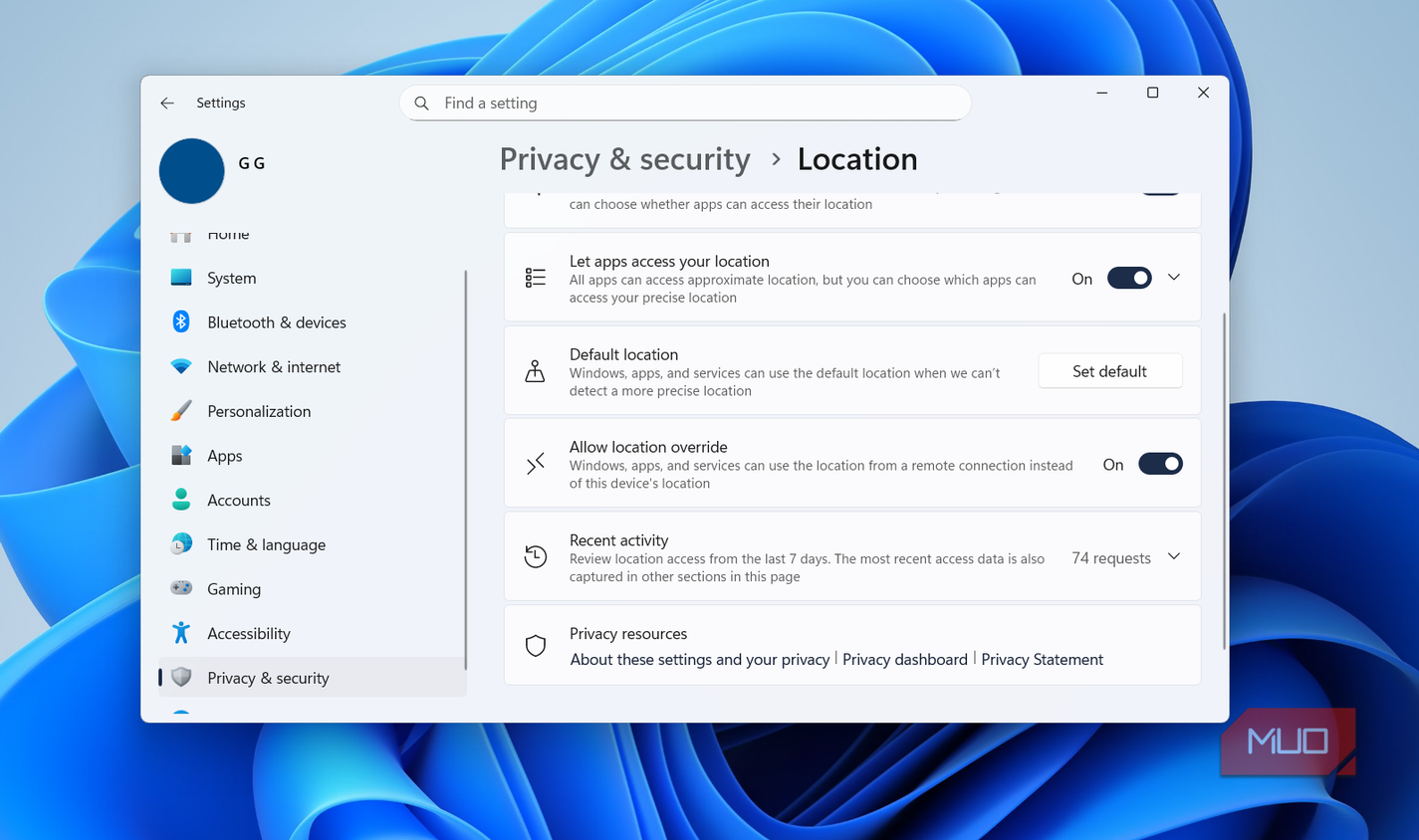 Location access history in Windows 11 settings