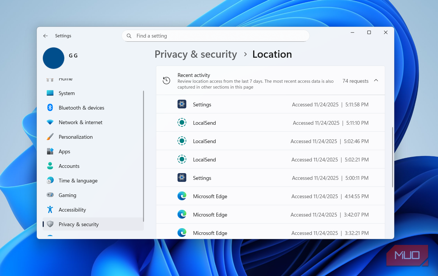 Location access history in Windows 11