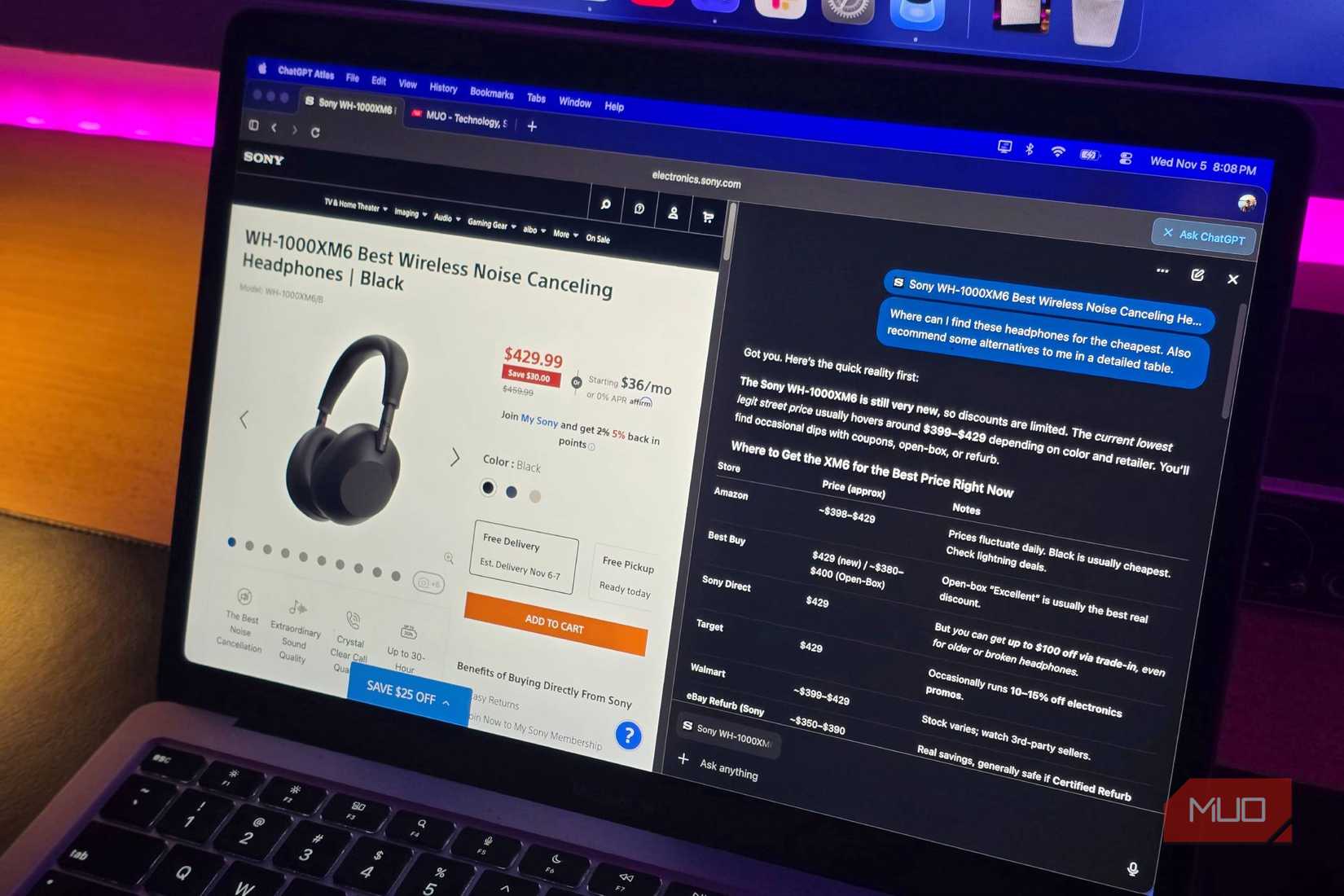 MacBook Air with ChatGPT Atlas trying to find the cheapest price of a pair of Sony headphones