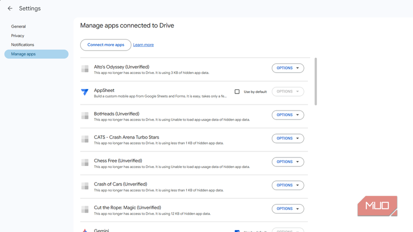 App data management page in Google Drive settings on desktop.