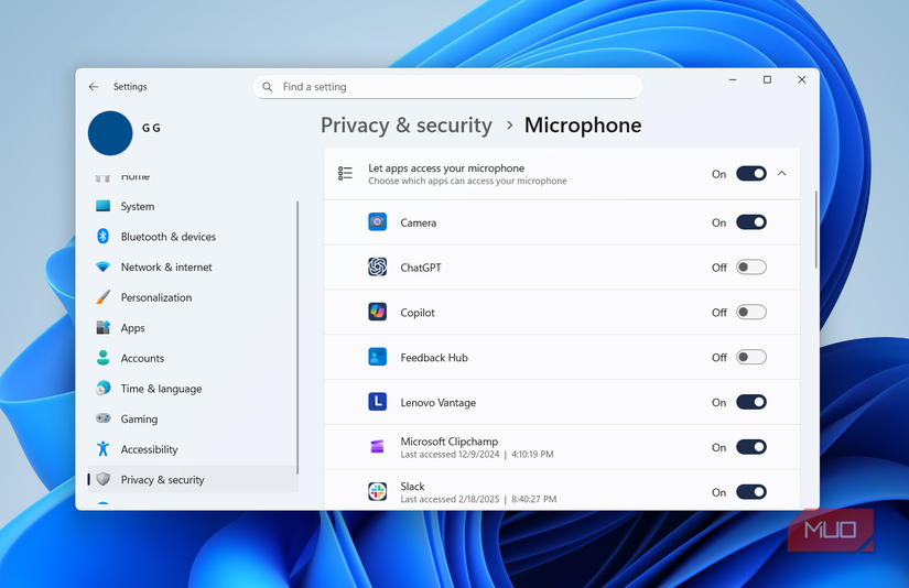 Microphone permission menu in Windows 11