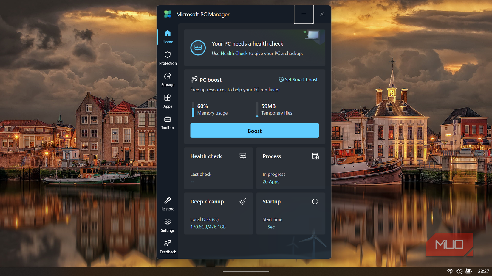 Microsoft PC Manager home screen.