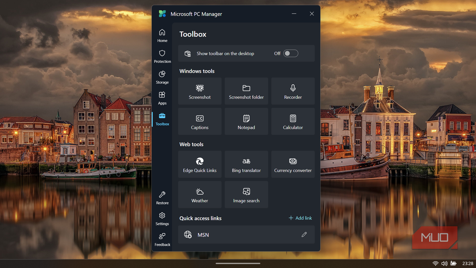 Microsoft PC Manager's Toolbox page.