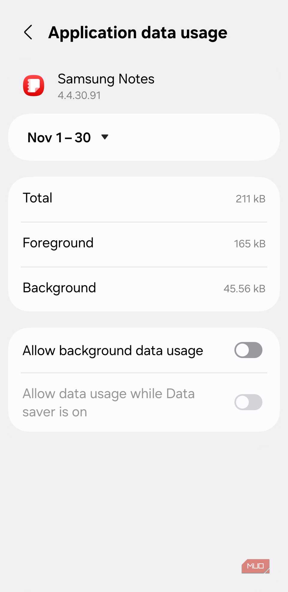 Mobile data usage setting menu on Android