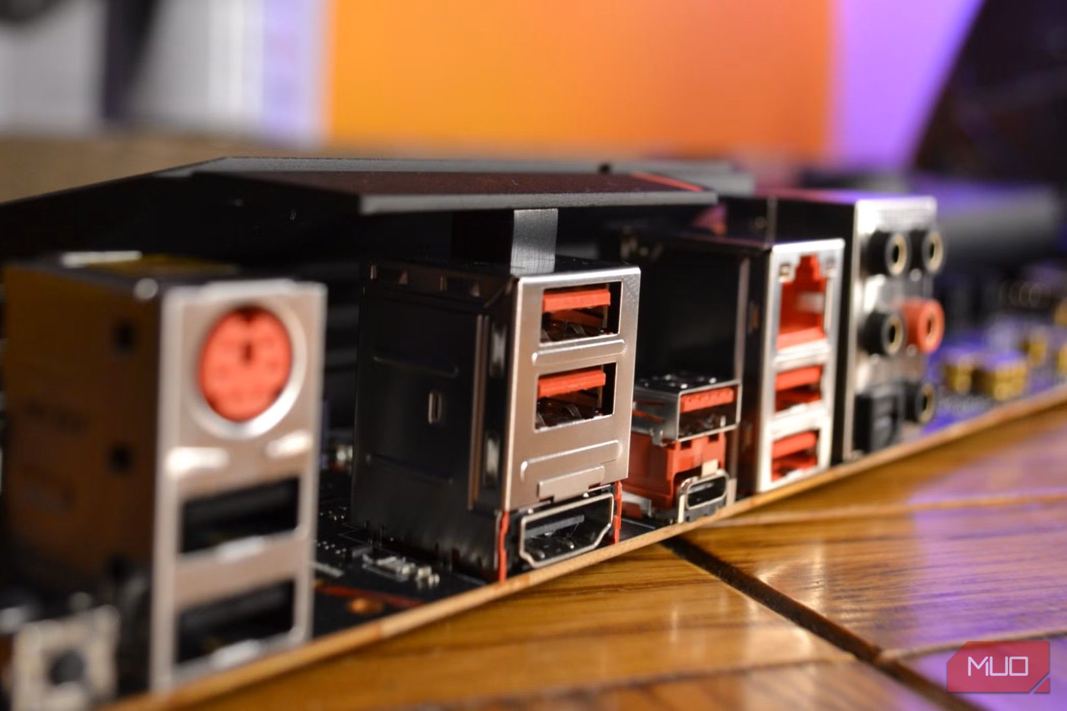 Motherboard showing red USB ports