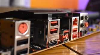 Motherboard showing red USB ports
