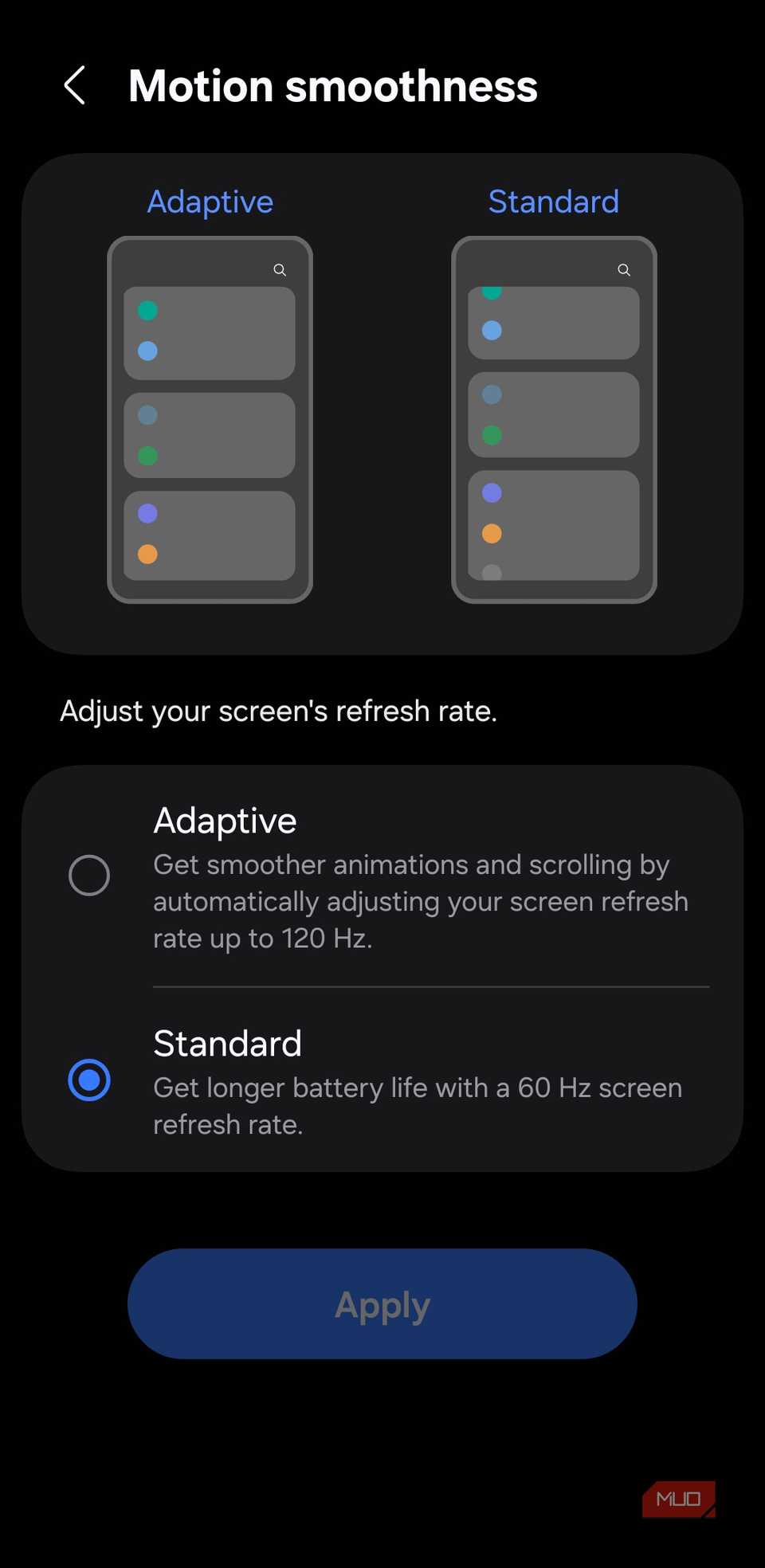 Motion smoothness menu on Android phone