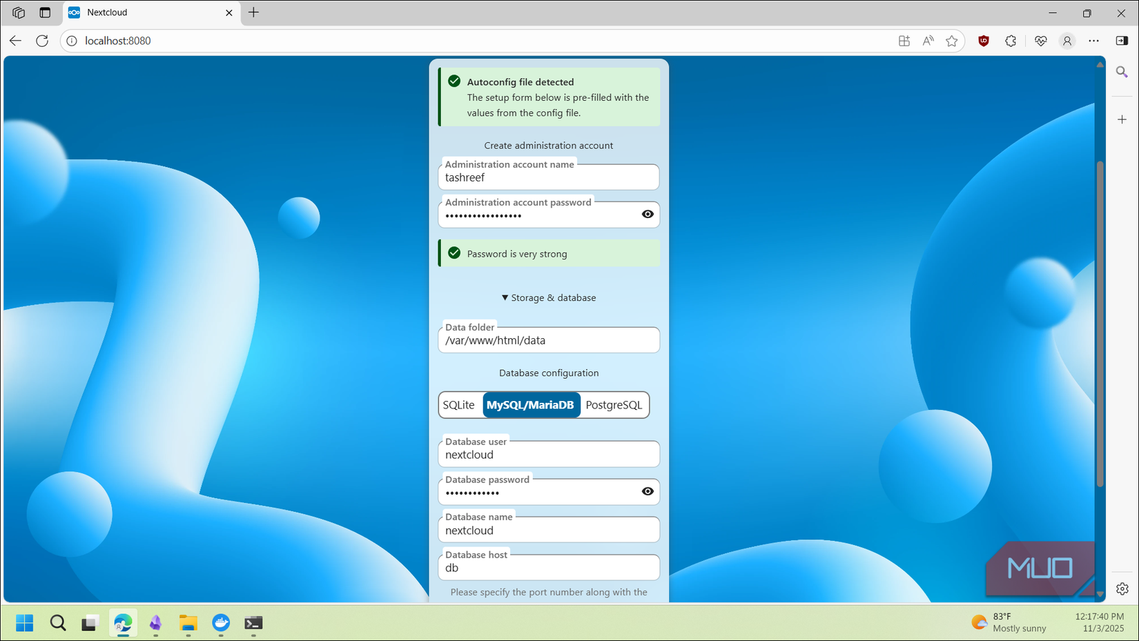 Netxtcloud initial setup install