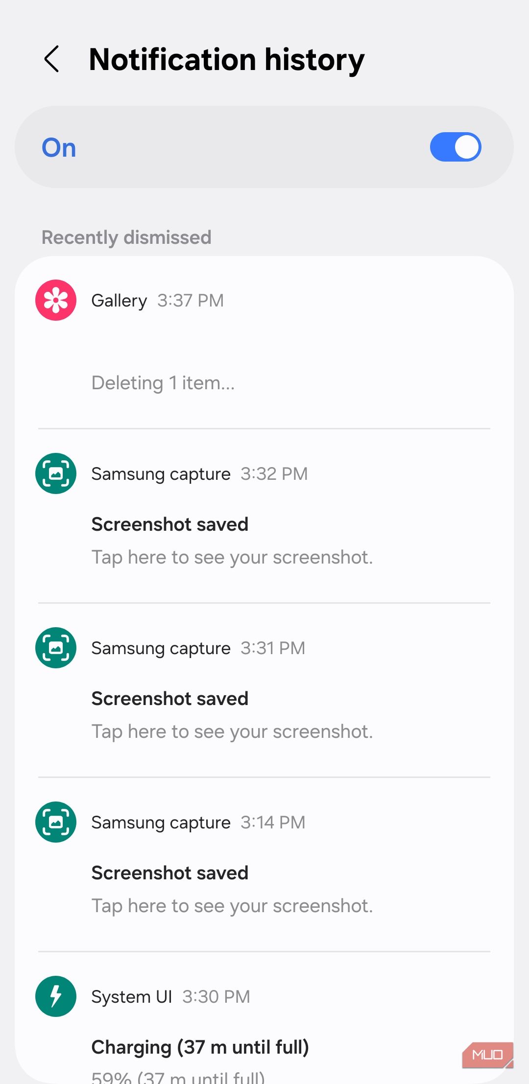 Notification history menu on Android phone