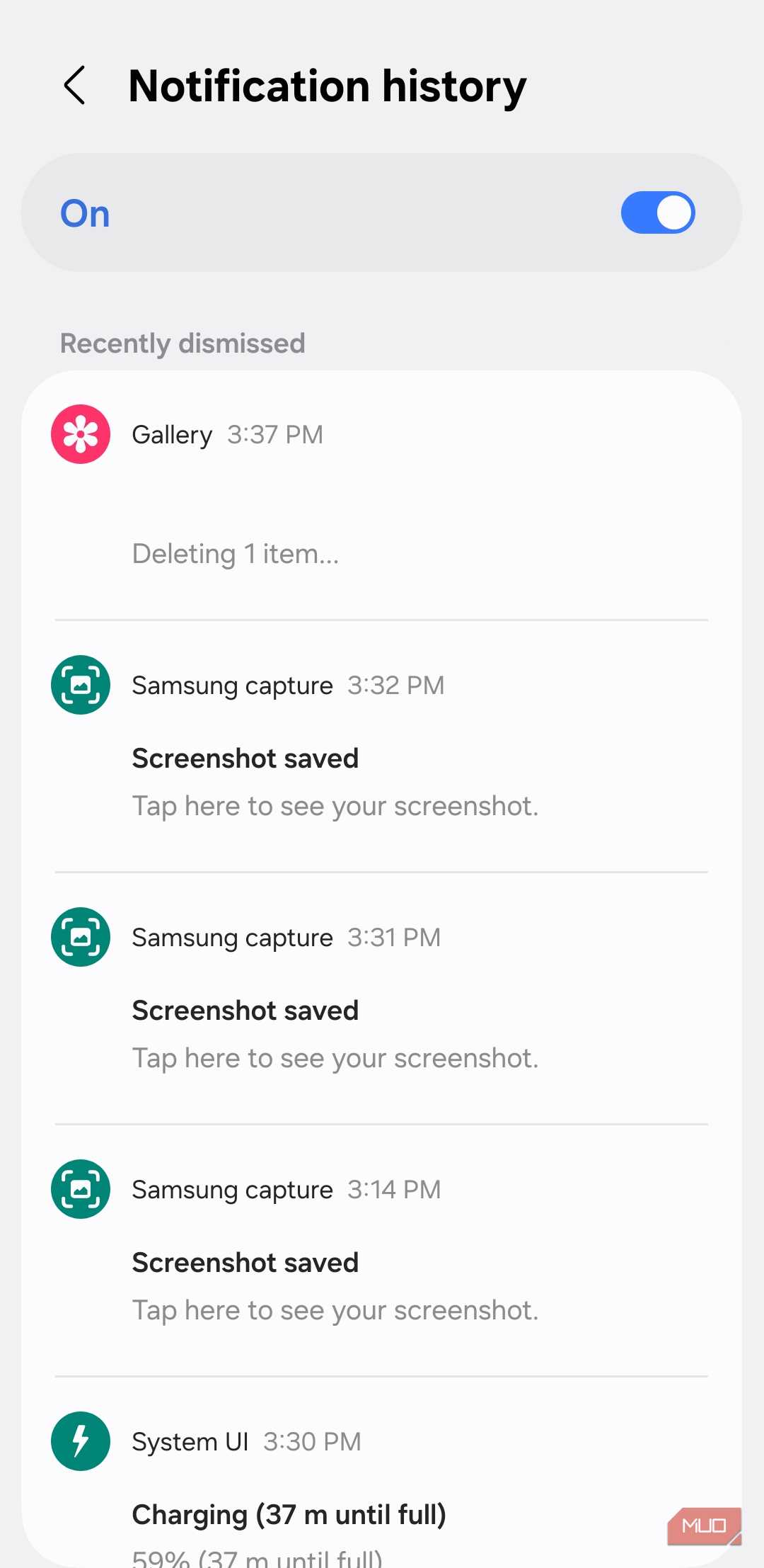 Notification history menu on Android phone