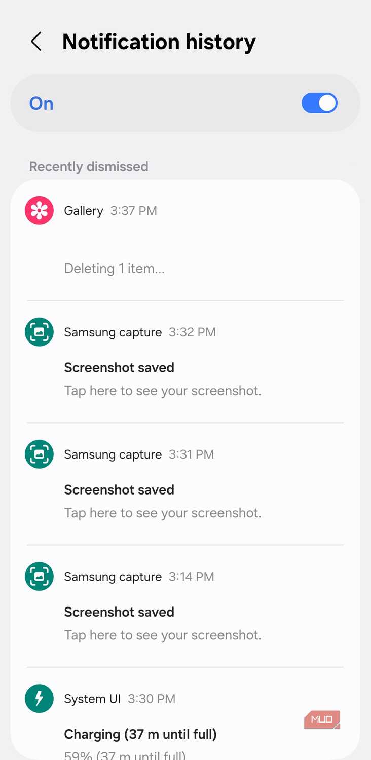 Notification history menu on Android phone