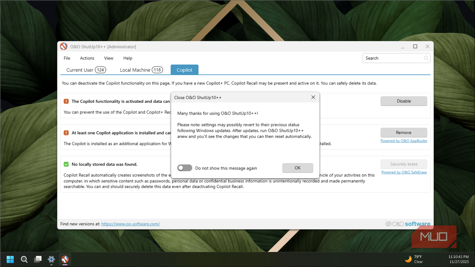 O&O ShutUp10++ dialog
