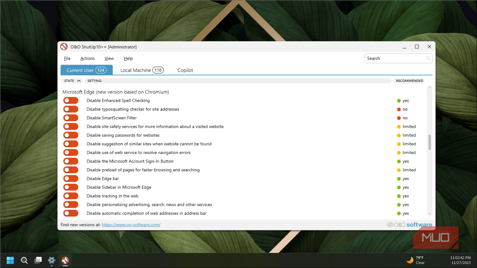 O&O ShutUp10++ home screen