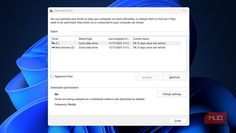 Optimize Drive in Windows 11 showing two drive volumes.