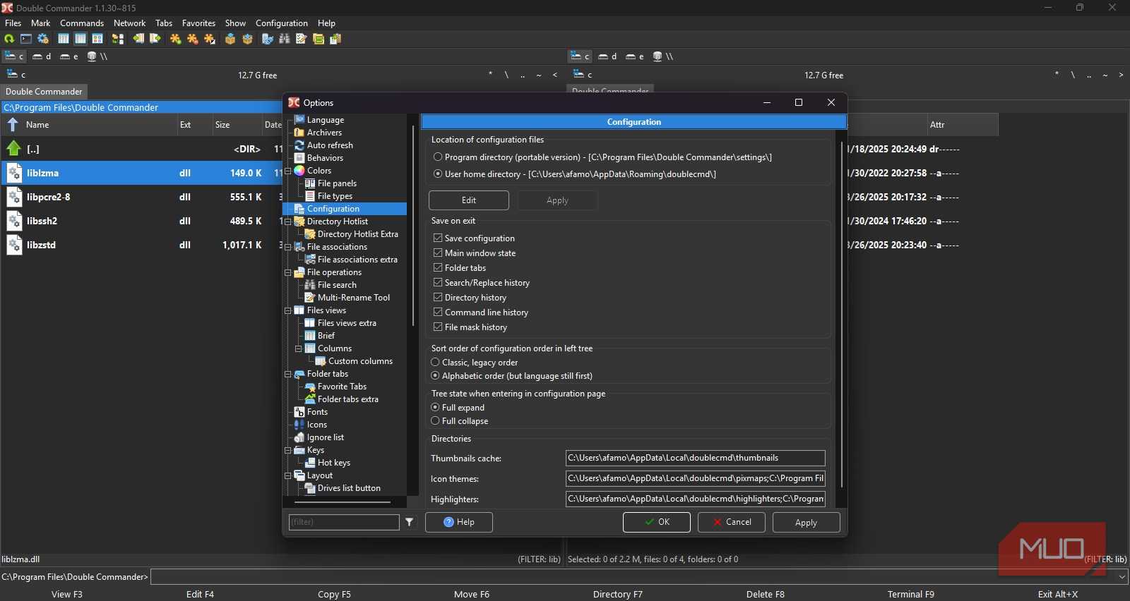 Options configuration on Double Commander