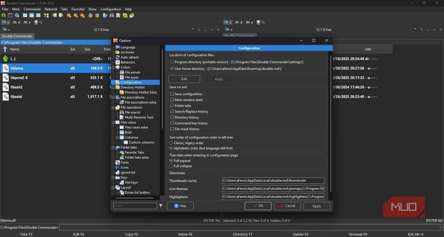 Options configuration on Double Commander