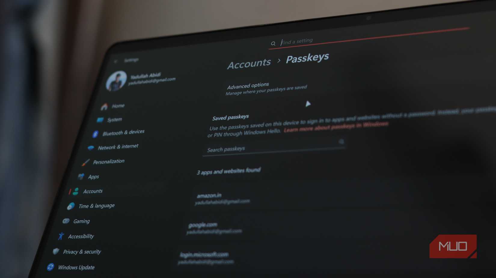 Passkey setting menu in Windows Settings.